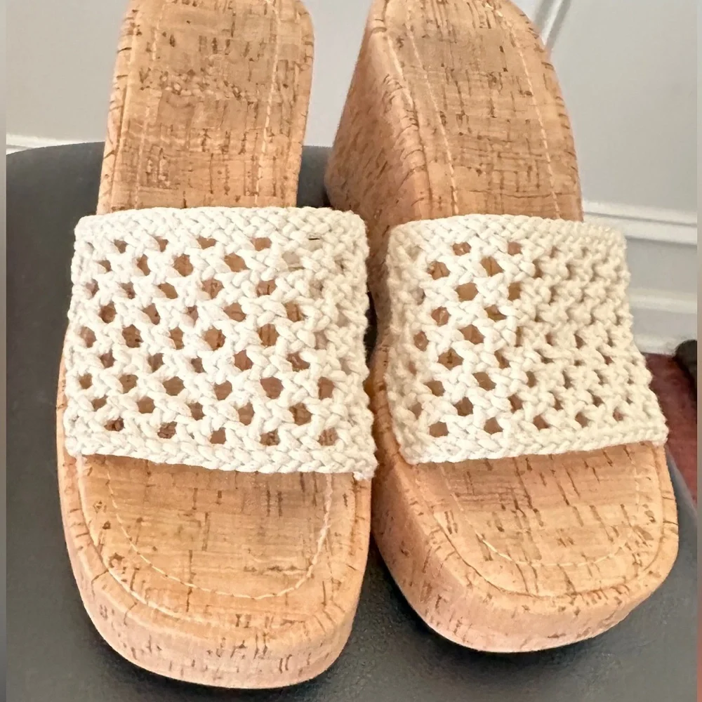 Women's Cream Woven Platform Wedge Sandals